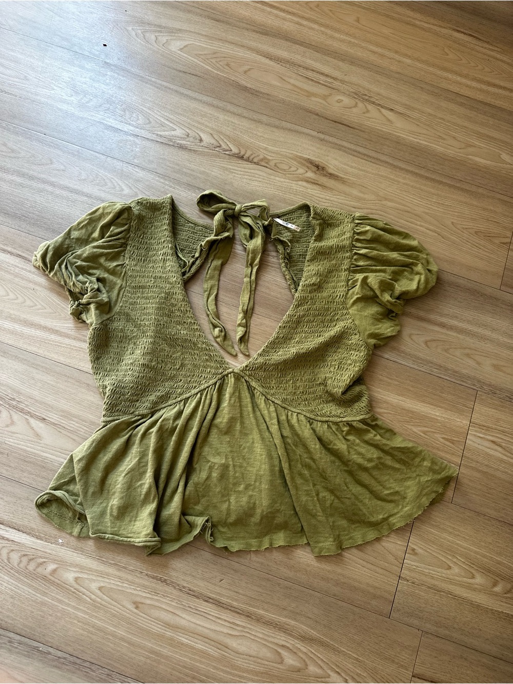 Free People Olive Green Smocked V-Neck Tie-Back Peplum Top - Picture 1 of 4